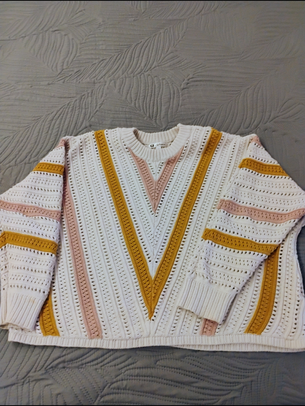 Reitmans White Sweater with Mustard and Blush Stripe Detail